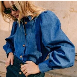 Sezane Blue (denim) Button-Up Blouse, NWT
